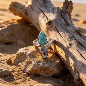 Whitewater And Golden Hills Turquoise Adjustable Sterling Silver Stamped Ring